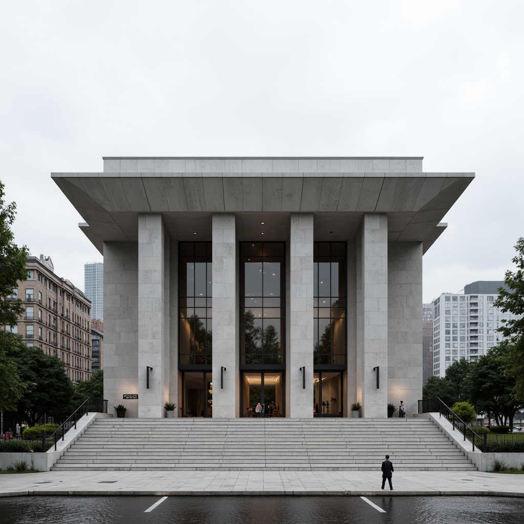 Prompt: Granite courthouse facade, sleek modernist architecture, clean lines, minimal ornamentation, neutral color palette, imposing columns, grand entrance stairs, expansive glass atrium, cantilevered rooflines, subtle cornice details, international style influences, monumental scale, urban cityscape background, overcast sky, soft diffused lighting, 1/1 composition, symmetrical framing, realistic material textures, ambient occlusion.