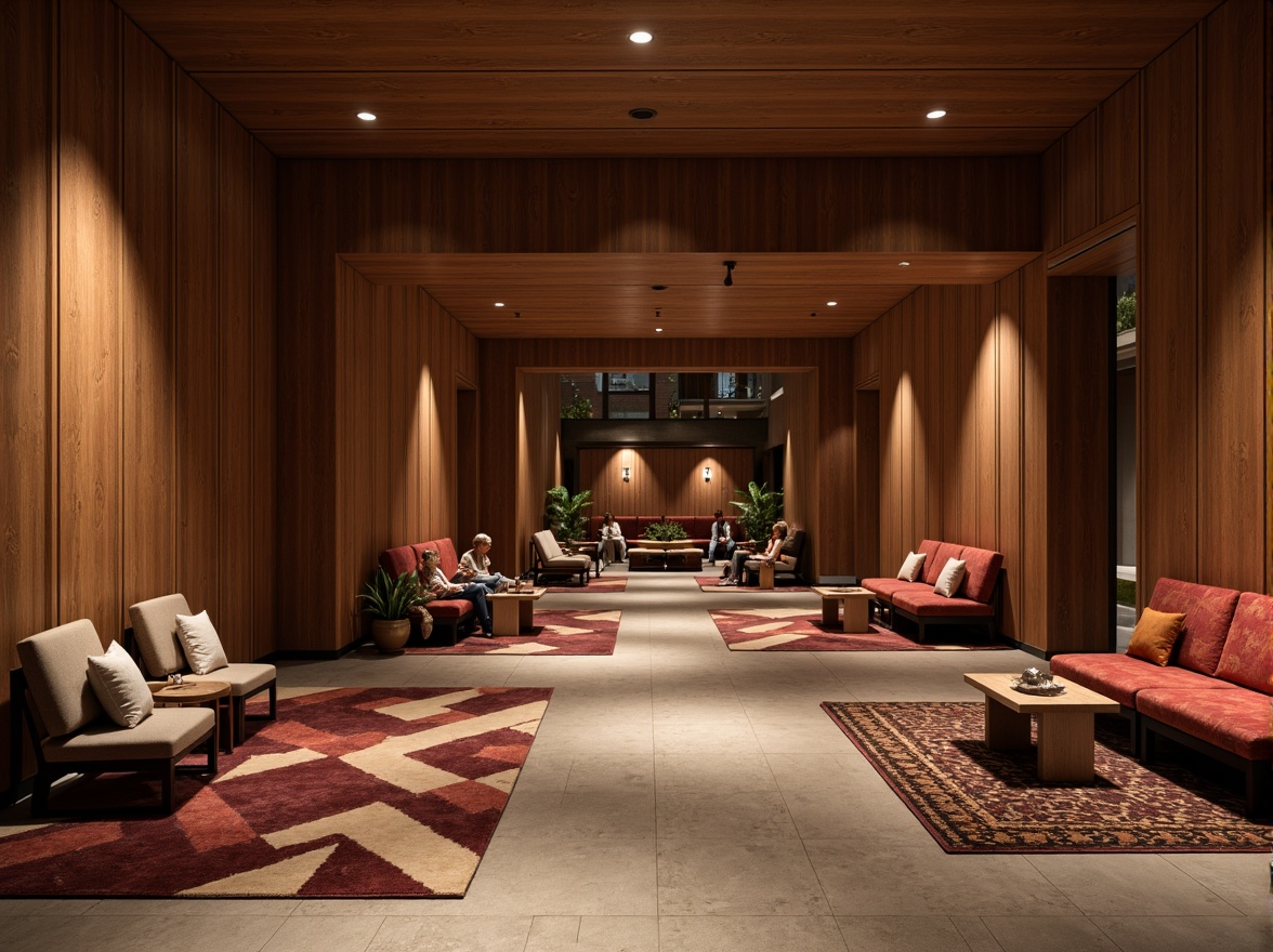 Prompt: Cozy hotel lobby, warm wood accents, plush carpeting, natural stone flooring, rich velvet upholstery, metallic lighting fixtures, geometric patterned rugs, soft cushioned seating, modern minimalist decor, ambient warm lighting, shallow depth of field, 3/4 composition, realistic textures, subtle color palette.