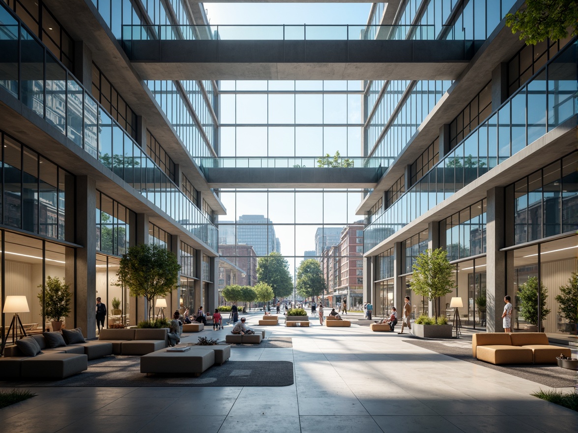 Prompt: Modern office building, sleek glass facade, spacious atrium, natural light pouring in, open floor plan, collaborative workspaces, minimalist decor, ergonomic furniture, acoustic panels, suspended ceilings, polished concrete floors, urban cityscape, bustling streets, morning commute, soft diffused lighting, shallow depth of field, 2/3 composition, symmetrical balance, realistic reflections, ambient occlusion.