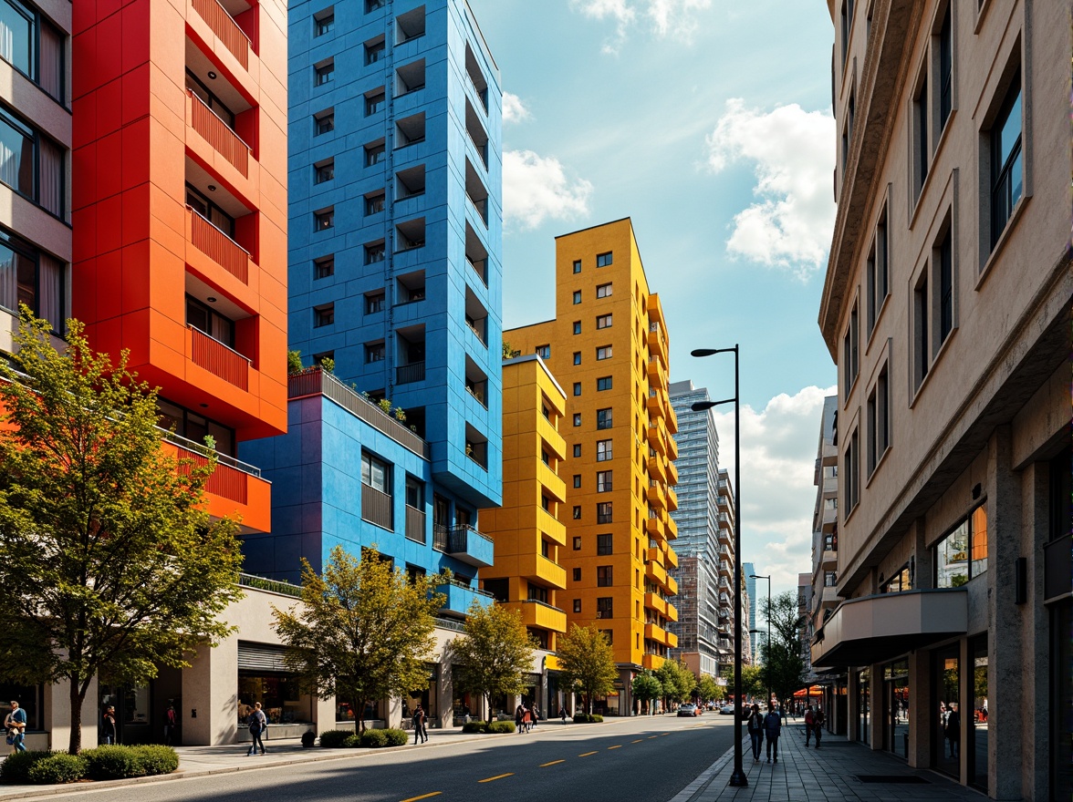 Prompt: Vibrant constructivist buildings, bold geometric shapes, primary colors, bright red accents, deep blue tones, sunny yellow highlights, metallic silvers, industrial materials, urban cityscape, modernist architecture, abstract patterns, fractured forms, dynamic compositions, high contrast lighting, dramatic shadows, 1/1 composition, symmetrical layout, bold typography, avant-garde atmosphere.