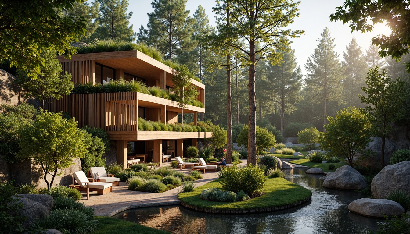 Prompt: Seamless site integration, organic architecture, lush green roofs, native plant species, natural stone walls, reclaimed wood accents, earthy color palette, eco-friendly materials, sustainable design practices, minimal carbon footprint, serene forest surroundings, meandering walking trails, tranquil water features, warm sunlight filtering through trees, soft diffused lighting, shallow depth of field, 2/3 composition, atmospheric perspective, realistic textures, ambient occlusion.