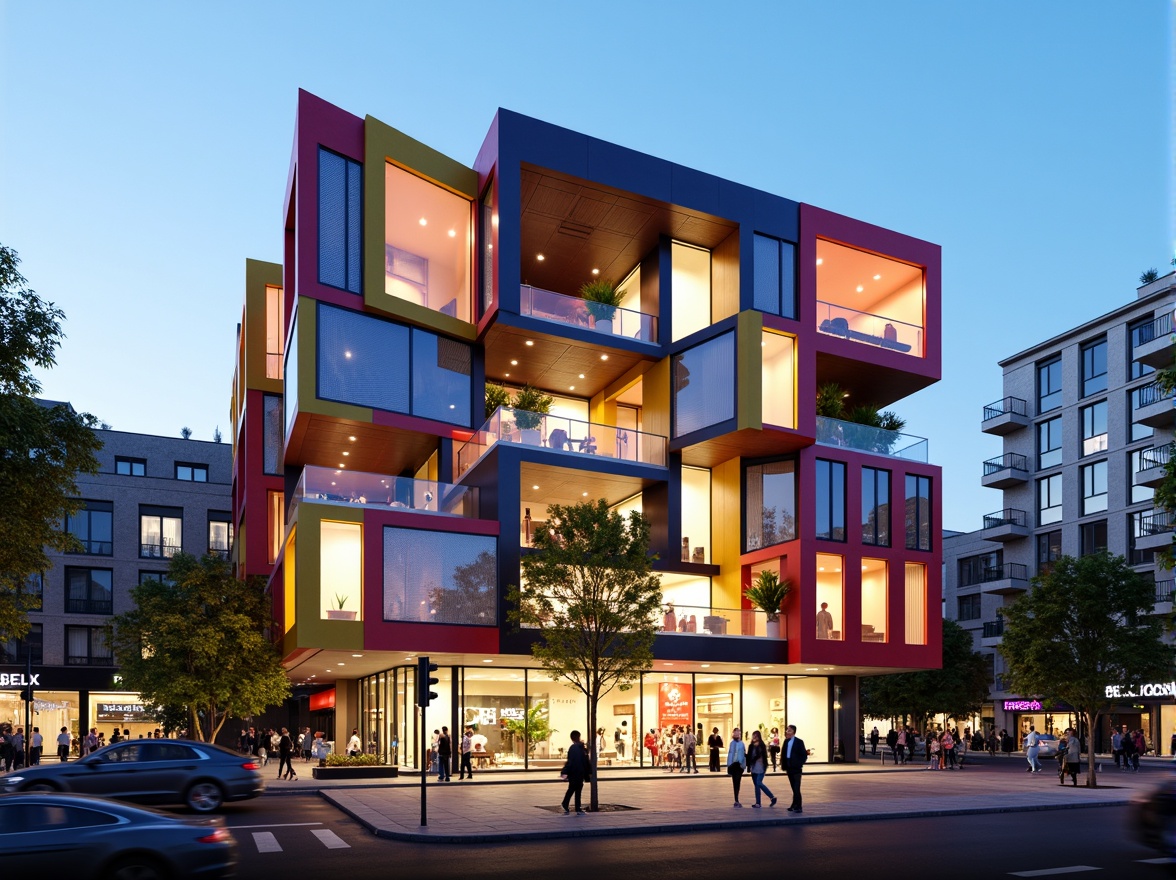 Prompt: Vibrant residential facade, bold color blocking, irregular shapes, cantilevered volumes, dynamic rooflines, experimental materials, translucent glass panels, perforated metal screens, LED light installations, futuristic details, urban cityscape, busy street life, pedestrians walking, vehicles passing by, warm evening lighting, shallow depth of field, 1/1 composition, realistic reflections, ambient occlusion.