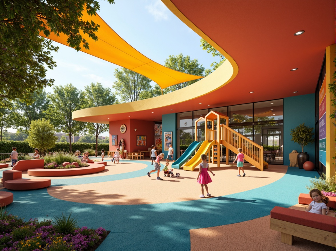 Prompt: Vibrant kindergarten playground, colorful slides, climbing frames, sandbox, tricycle paths, educational signage, interactive play equipment, soft rubber flooring, shade-providing canopies, modern experimental architecture, curved lines, bold color schemes, natural light pouring, open spaces, collaborative learning areas, cozy reading nooks, textured walls, playful murals, whimsical furniture designs, joyful ambiance, warm sunny day, shallow depth of field, 3/4 composition, realistic textures, ambient occlusion.