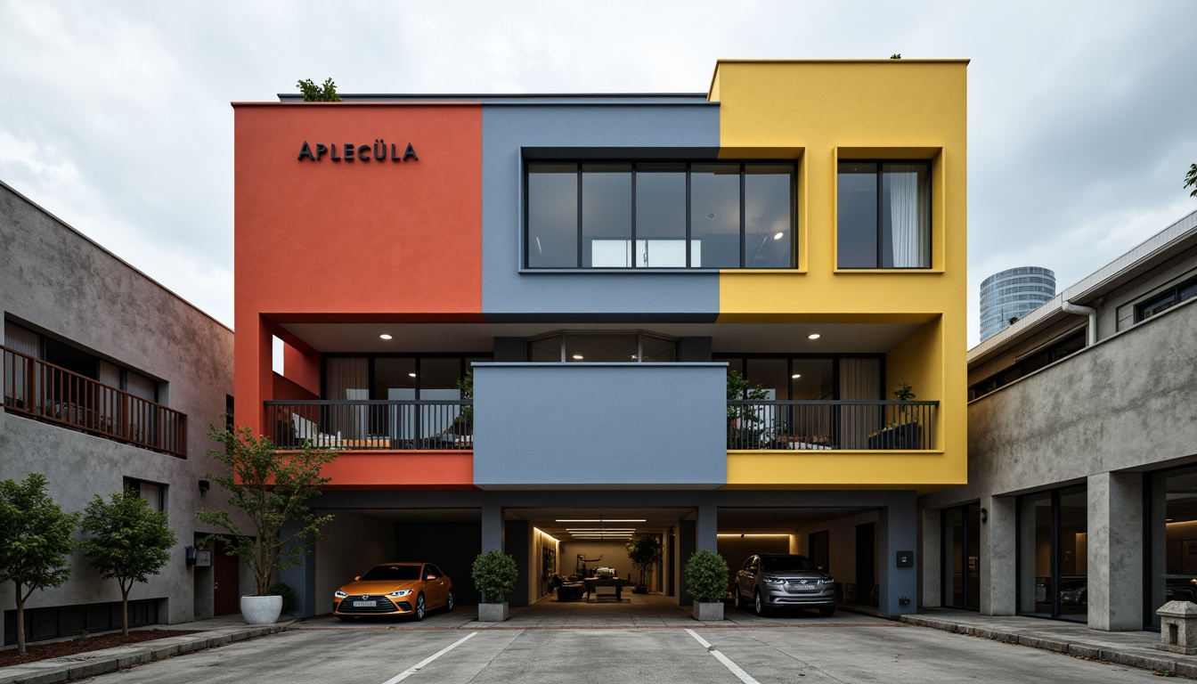 Prompt: Geometric facade, rectangular forms, primary colors, industrial materials, steel beams, concrete walls, large windows, functional simplicity, minimalist aesthetic, asymmetrical compositions, bold typography, urban landscape, cloudy sky, dramatic lighting, low-angle shot, 1/1 composition, high-contrast textures, ambient occlusion.Note