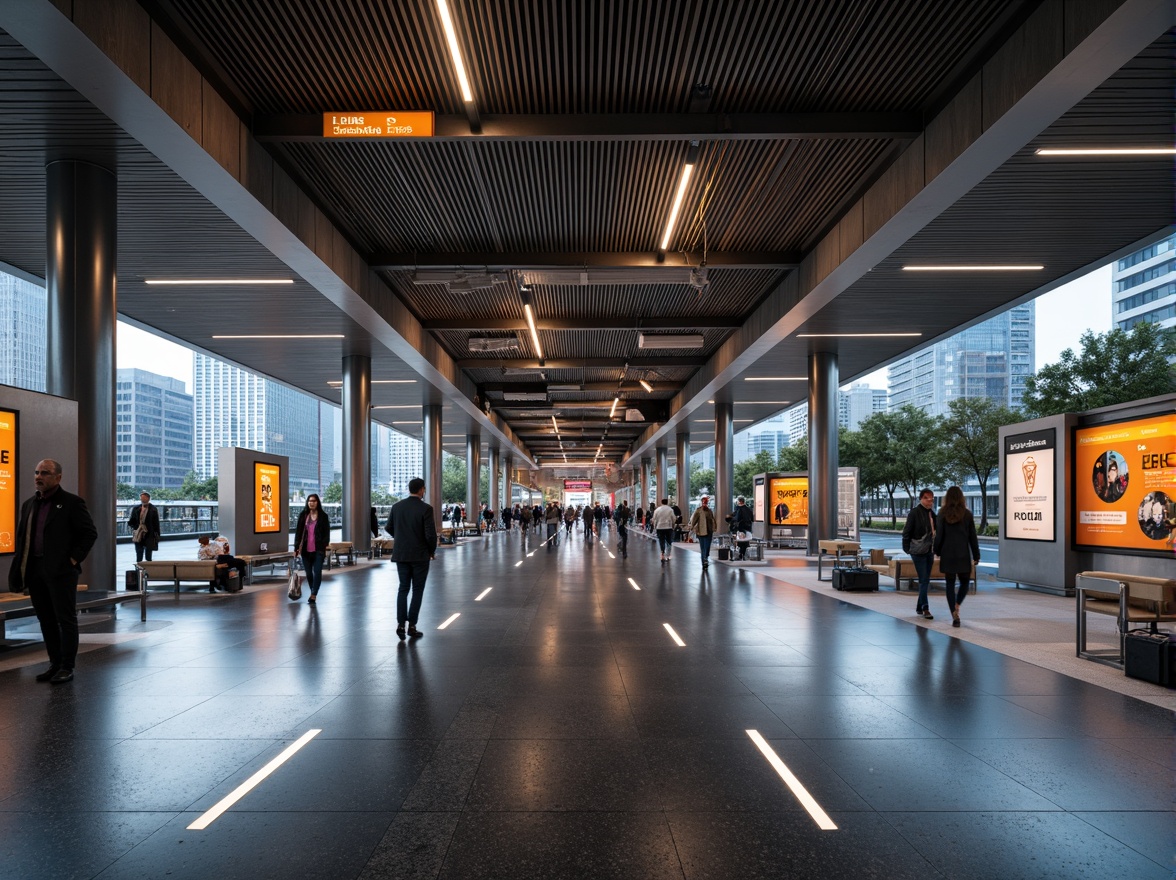 Prompt: Busy metro station, modern architectural design, sleek steel beams, polished granite floors, vibrant LED lighting systems, suspended ceiling fixtures, indirect ambient illumination, warm color temperatures, dynamic digital displays, futuristic escalators, rushing commuters, urban cityscape, concrete columns, stainless steel handrails, electronic advertisement boards, spacious waiting areas, comfortable seating benches, natural stone wall cladding, dramatic spotlights, 1/2 composition, shallow depth of field, realistic reflections.