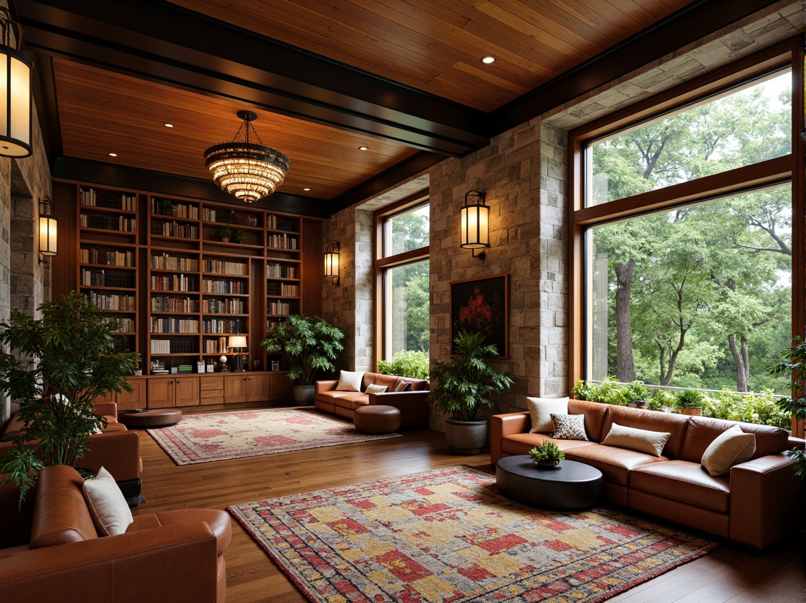 Prompt: Cozy library atmosphere, rich wood textures, comfortable seating areas, warm lighting, soft carpet floors, rustic stone walls, wooden bookshelves, leather-bound books, natural fiber rugs, earthy tone colors, calm ambiance, elegant chandeliers, floor-to-ceiling windows, lush greenery views, modern minimalist decor, sleek metal accents, vibrant colorful artwork, geometric patterned fabrics, realistic wood grain textures, shallow depth of field, 1/1 composition, panoramic view.