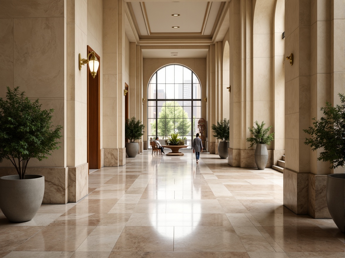 Prompt: Calming government building, neutral beige walls, soft warm lighting, elegant marble floors, subtle wood accents, sophisticated brass fixtures, serene greenery, lush potted plants, natural stone columns, gentle curvaceous lines, minimalist decor, professional atmosphere, efficient layout, abundant natural light, 1/1 composition, soft focus, realistic textures, ambient occlusion.