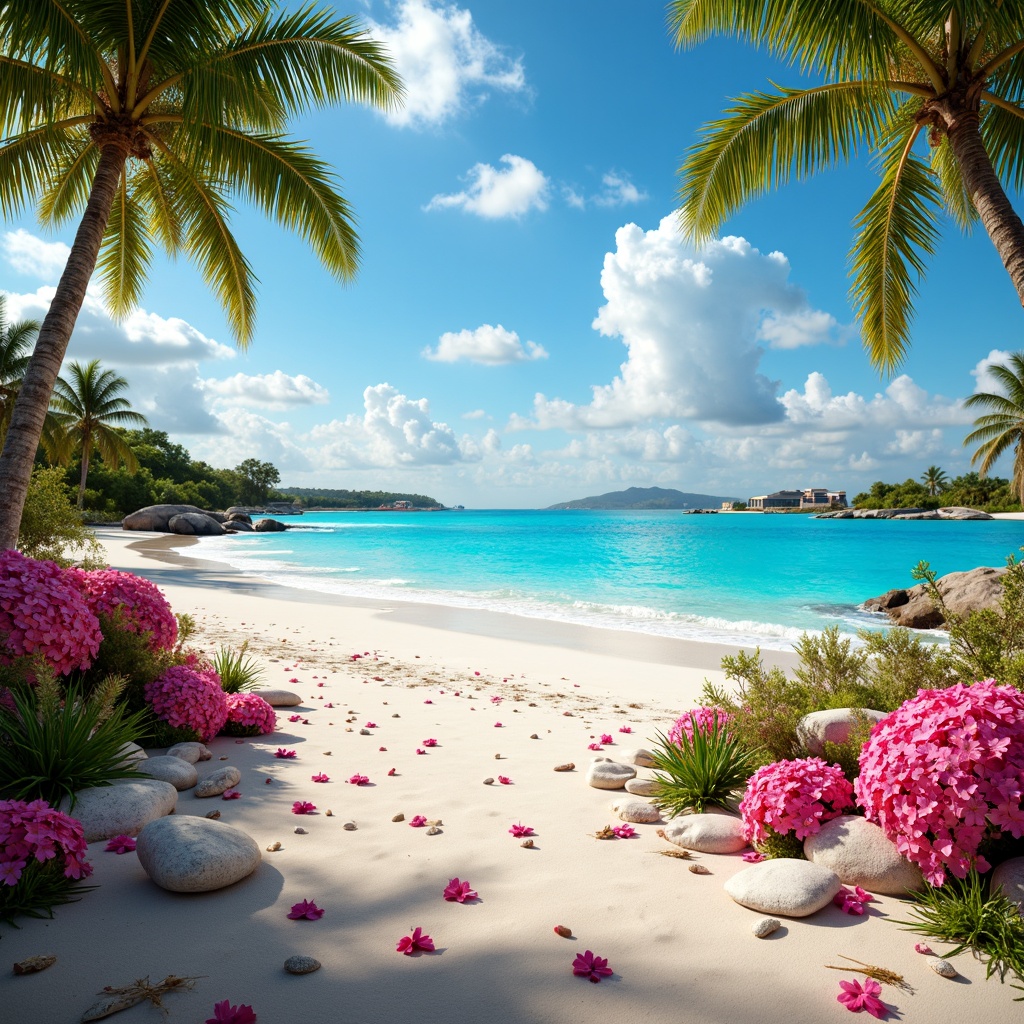 Prompt: Vibrant tropical island, turquoise ocean waves, coral reefs, sandy white beaches, palm trees, exotic flowers, bright sunny day, warm golden lighting, pastel pink and blue hues, iridescent shells, glossy finishes, natural textures, 3D modeling, realistic rendering, high-contrast colors, bold brushstrokes, artistic compositions, dreamy atmosphere, whimsical patterns, luxurious fabrics, metallic accents.