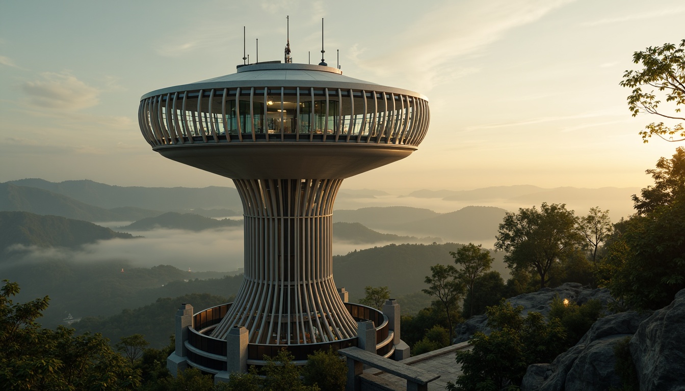 Prompt: Slender watching tower, curved lines, futuristic silhouette, metallic latticework, glowing LED lights, sleek modern aesthetic, elevated viewpoint, panoramic views, misty morning atmosphere, warm golden lighting, shallow depth of field, 1/1 composition, cinematic framing, atmospheric haze, verdant surroundings, rugged stone foundation, weathered wooden accents, intricate ironwork details.