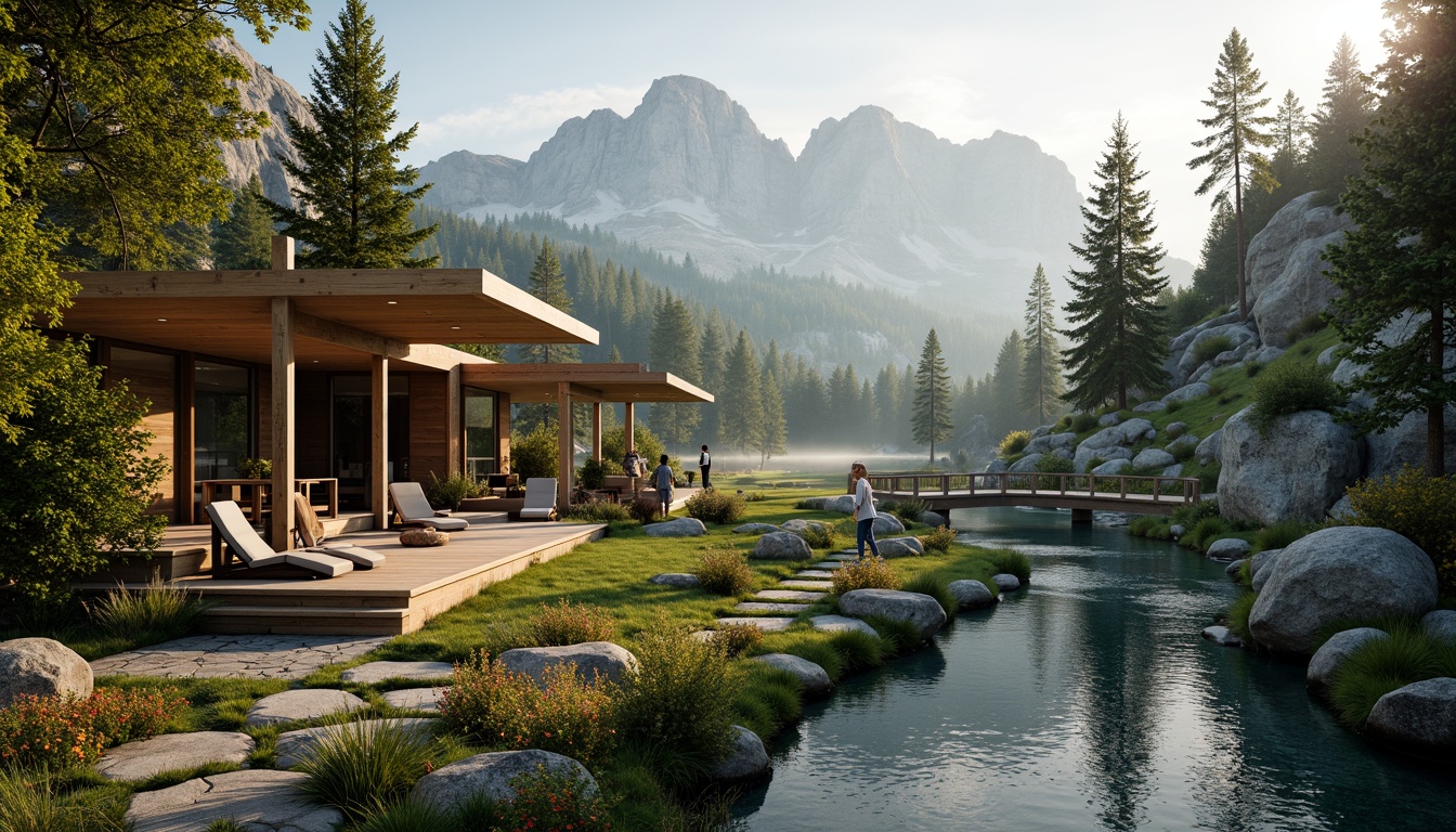 Prompt: Majestic mountainous landscape, serene lakefront, lush green forests, winding stone pathways, rustic wooden bridges, vibrant wildflowers, tranquil water features, majestic rock formations, warm golden sunlight, soft misty atmosphere, 3/4 composition, panoramic view, realistic textures, ambient occlusion, modern eco-lodge architecture, sustainable building materials, natural stone walls, reclaimed wood accents, floor-to-ceiling windows, sliding glass doors, cozy outdoor seating areas, crackling fire pit.