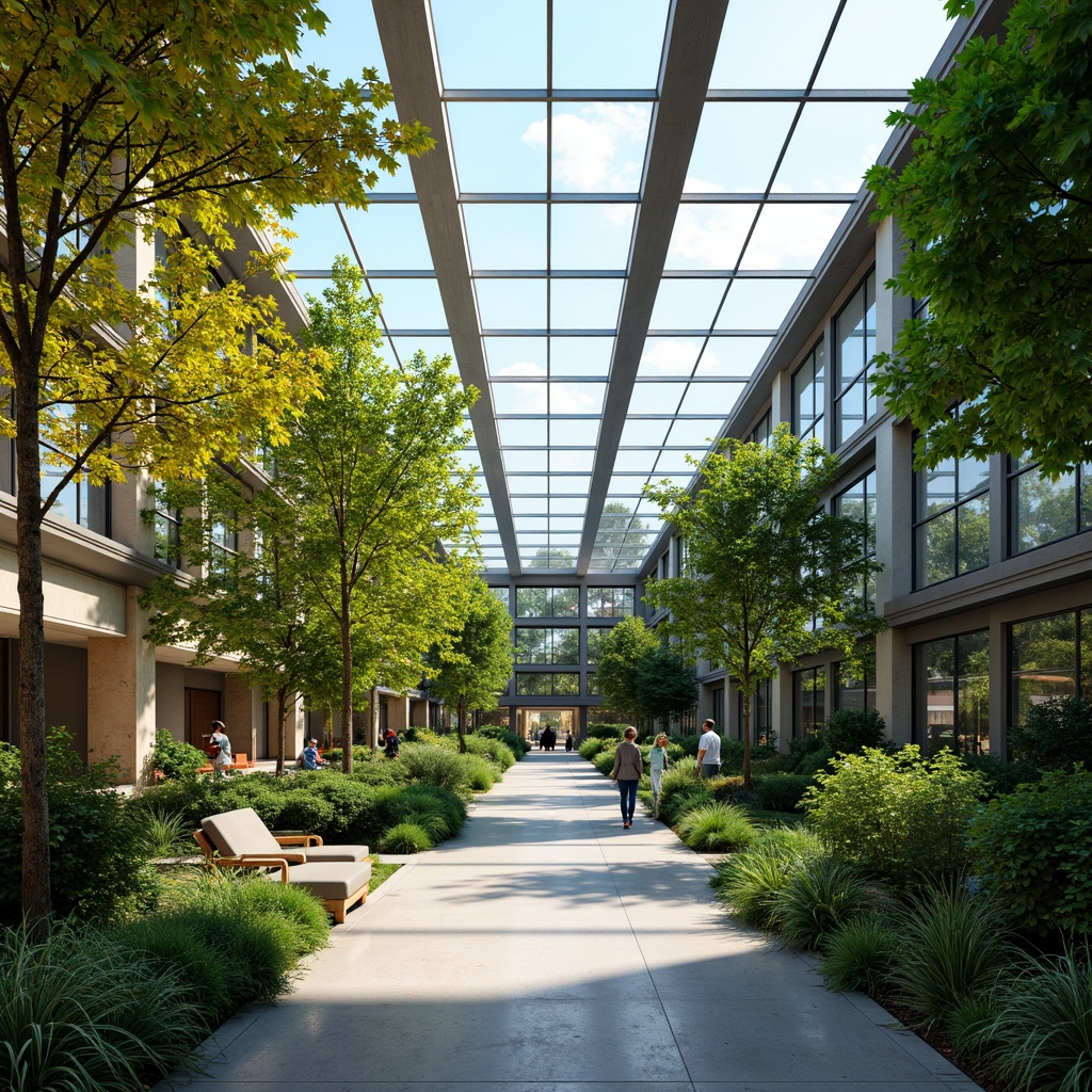 Prompt: Vibrant atrium, lush greenery, abundant natural light, transparent glass roof, clerestory windows, skylights, open floor plan, minimalist interior design, bright color scheme, reflective surfaces, ambient occlusion, soft warm lighting, 3/4 composition, panoramic view, realistic textures.