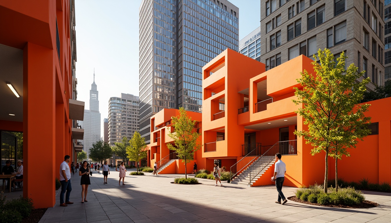 Prompt: Vibrant orange accents, modern urban landscape, sleek skyscrapers, abstract geometric shapes, warm inviting atmosphere, energetic playful vibe, bold statement walls, dynamic contrasting colors, stimulating creative spaces, futuristic design elements, neon light installations, metropolitan cityscape, sunny afternoon, shallow depth of field, 1/2 composition, dramatic shadows, high-contrast lighting.