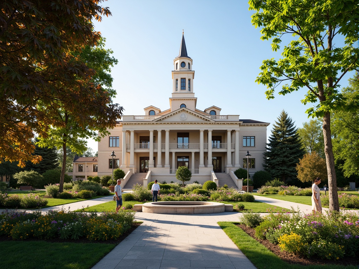 Prompt: Historic courthouse building, grandiose columns, ornate facades, majestic staircases, lush green lawns, vibrant blooming flowers, manicured hedges, walking paths, scenic benches, vintage lampposts, natural stone pavement, symmetrical gardens, seasonal flower arrangements, sunny afternoon, soft warm lighting, shallow depth of field, 3/4 composition, panoramic view, realistic textures, ambient occlusion.