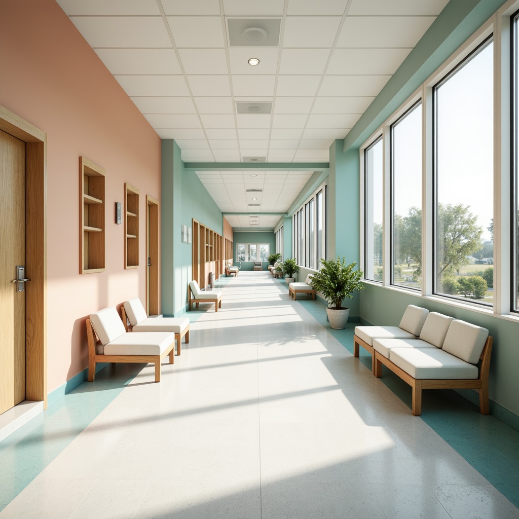 Prompt: Calming hospital corridors, pastel color schemes, soft peach tones, gentle mint hues, soothing blue accents, natural wood textures, minimalist furnishings, sterile white surfaces, large windows, abundant daylight, subtle gradient effects, 1/1 composition, shallow depth of field, warm diffused lighting, realistic material reflections, ambient occlusion.