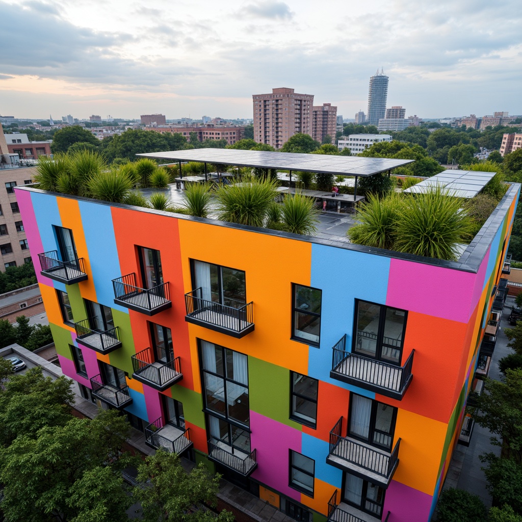 Prompt: Vibrant residential building, bold color blocking, geometric patterned facades, cantilevered balconies, sleek metal railings, green roof gardens, solar panels, minimalist window frames, irregular shapes, futuristic architecture, urban landscape, cityscape views, cloudy day, soft warm lighting, shallow depth of field, 1/2 composition, realistic textures, ambient occlusion.