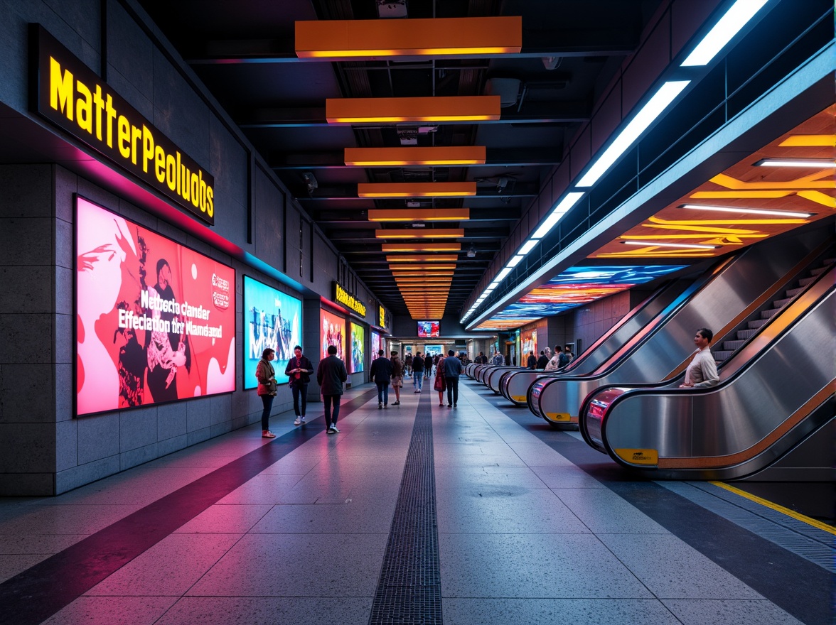 Prompt: Vibrant metro station, bold typography, bright signage, colorful tilework, stainless steel accents, sleek modern architecture, geometric patterns, dynamic lighting effects, warm ambient glow, futuristic escalators, polished granite floors, urban cityscape, rush hour atmosphere, high-contrast color scheme, monochromatic accents, abstract artwork, LED light installations, 3/4 composition, shallow depth of field, panoramic view.