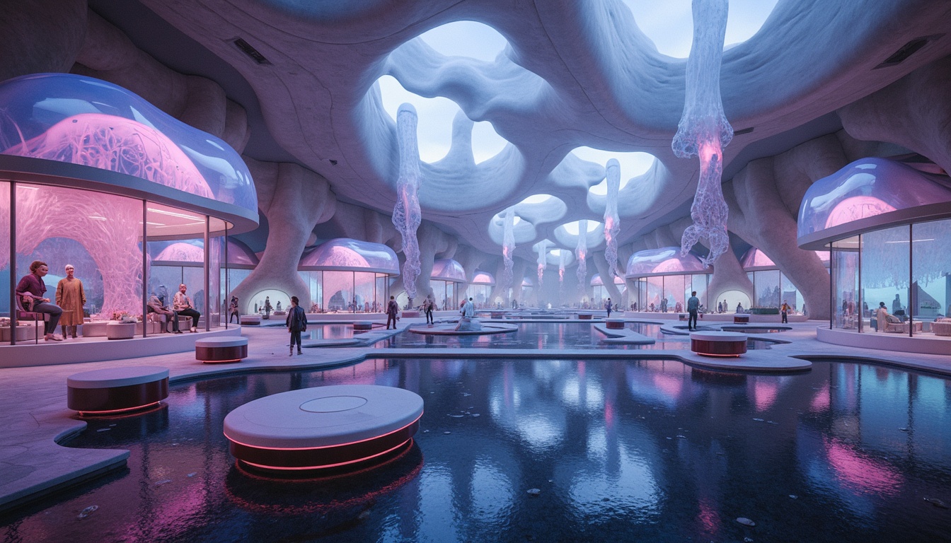 Prompt: Organic blob-like structures, translucent membranes, iridescent colors, soft glowing luminescence, jellyfish-inspired forms, futuristic architecture, sleek metallic accents, ethereal ambient lighting, shallow depth of field, 1/1 composition, panoramic view, realistic reflections, ambient occlusion, misty atmosphere, atmospheric perspective, dreamy surreal quality.