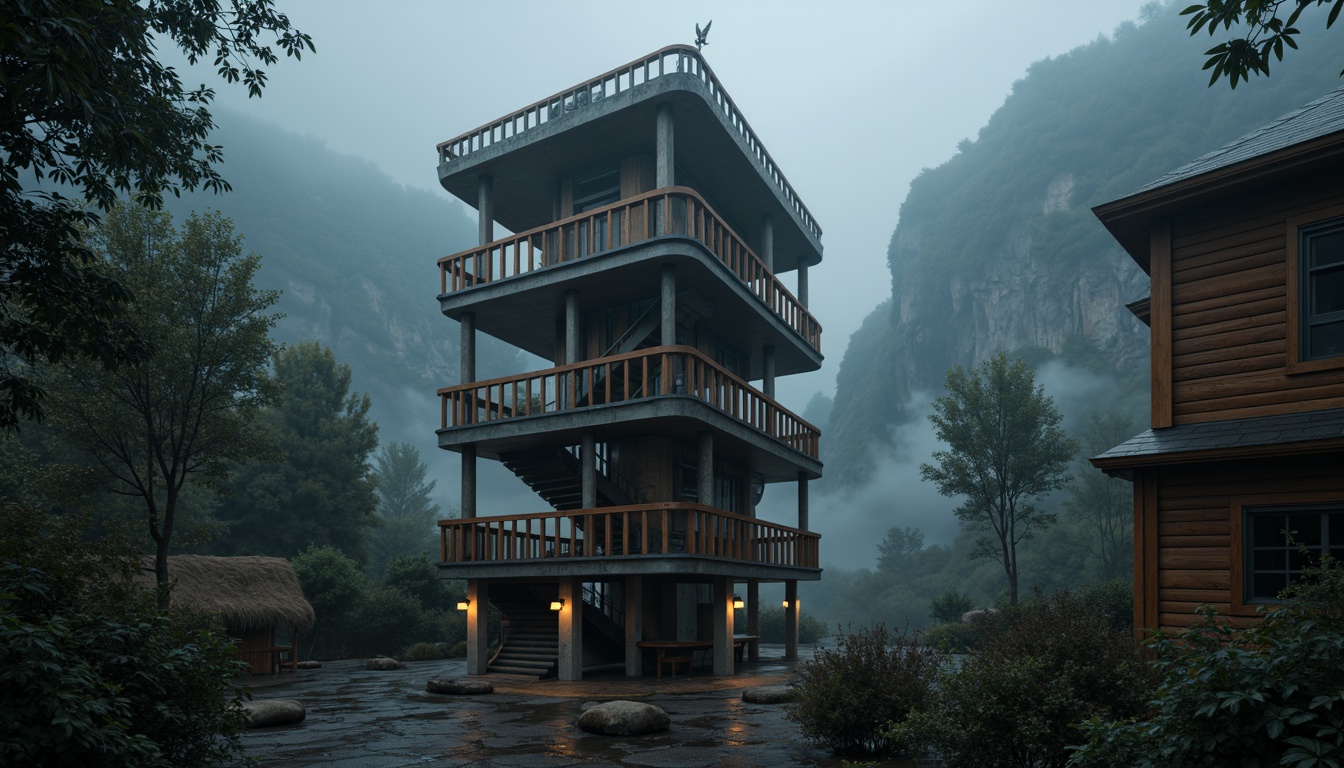 Prompt: Twisted metal Watchtower, rugged stone foundation, worn wooden accents, mysterious lanterns, spiral staircases, narrow windows, eerie foggy atmosphere, misty mountainous background, dramatic low-key lighting, high contrast shadows, cinematic composition, atmospheric perspective, realistic rust textures, subtle ambient occlusion.