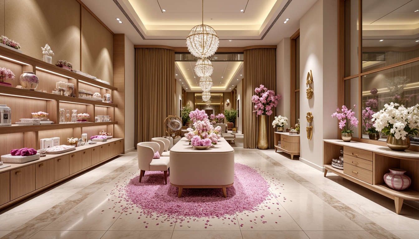 Prompt: Elegant boutique store, orchid-inspired color palette, soft pastel hues, delicate petals, refined metallic accents, luxurious velvet textures, ornate details, sophisticated lighting fixtures, marble floors, grand chandeliers, opulent furnishings, lavish decorations, warm beige walls, rich wood tones, subtle sheen, shallow depth of field, 1/1 composition, realistic reflections, ambient occlusion.