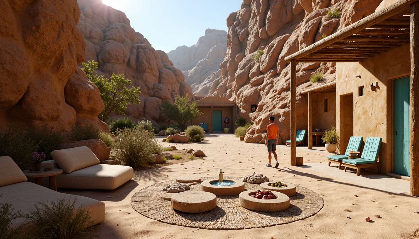 Prompt: Rugged canyon landscape, rocky outcroppings, sandy desert floors, weathered stone walls, earthy tone buildings, natural rock formations, wooden accents, rusty metal details, woven textiles, Southwestern-inspired patterns, vibrant turquoise hues, warm golden lighting, dramatic shadows, 3/4 composition, shallow depth of field, realistic textures, ambient occlusion.