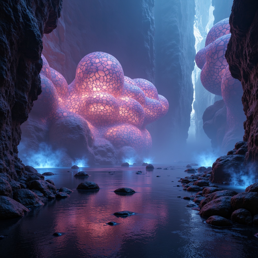 Prompt: Organic blob-like structures, translucent membranes, iridescent colors, shimmering effects, glossy finishes, metallic accents, neon-lit atmospheres, dark mysterious backgrounds, eerie ambient lighting, foggy misty environments, soft glowing orbs, ethereal textures, otherworldly landscapes, futuristic sci-fi settings, holographic projections, 3D scanning technologies, bio-inspired materials, advanced nanomaterials, smart surfaces, self-healing materials, programmable matter, adaptive architecture, responsive environments.