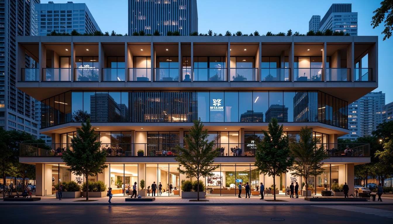 Prompt: Modern hotel facade, sleek glass curtain walls, minimalist architecture, neutral color palette, metallic accents, horizontal lines, cantilevered floors, rooftop gardens, urban cityscape, busy streets, vibrant nightlife, LED signage, backlit logos, warm ambient lighting, shallow depth of field, 1/1 composition, high-angle shot, realistic reflections, detailed textures.