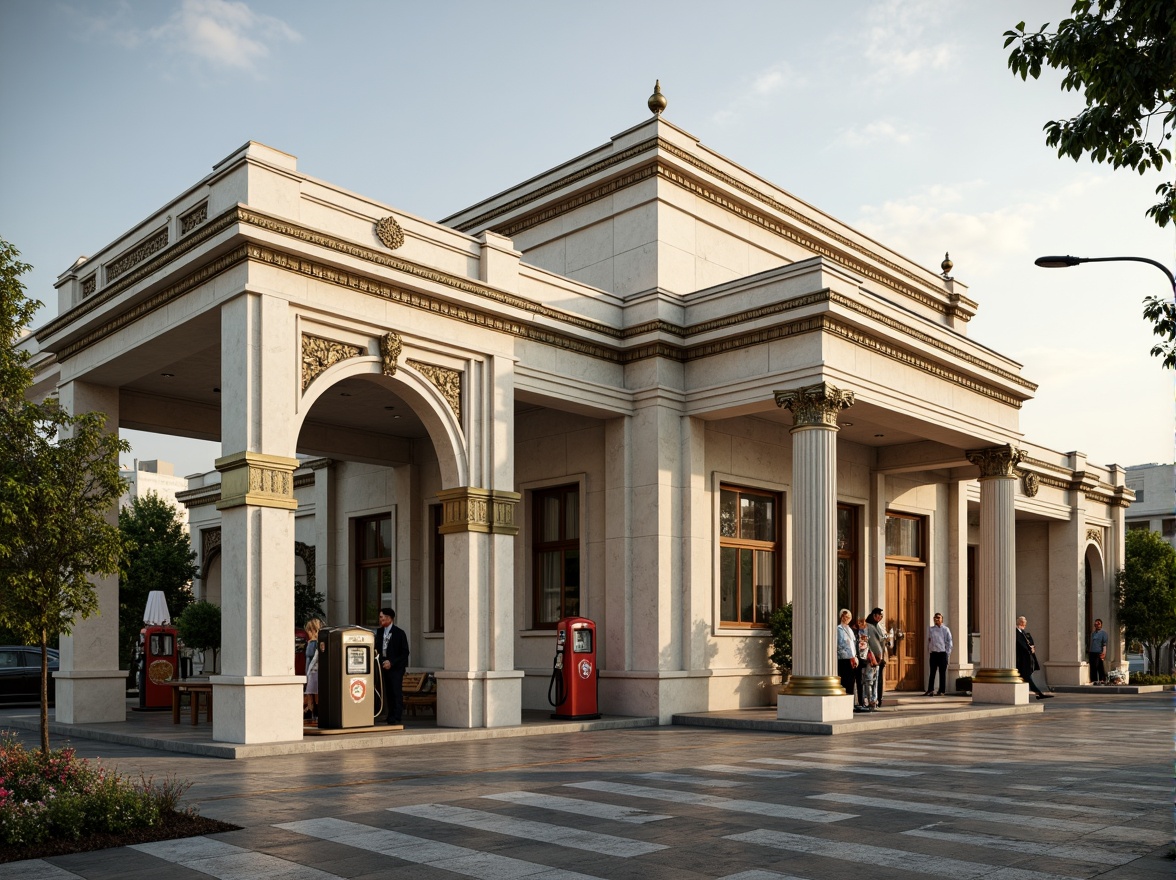 Prompt: Elegant gas station, neoclassical facade, ornate columns, intricate moldings, grand archways, symmetrical composition, cream-colored stone walls, polished bronze accents, vintage-style fuel pumps, retro-inspired signage, lush greenery, flowerbeds, pedestrian walkways, classic lanterns, soft warm lighting, high-contrast rendering, 1/2 composition, shallow depth of field, realistic textures, ambient occlusion.