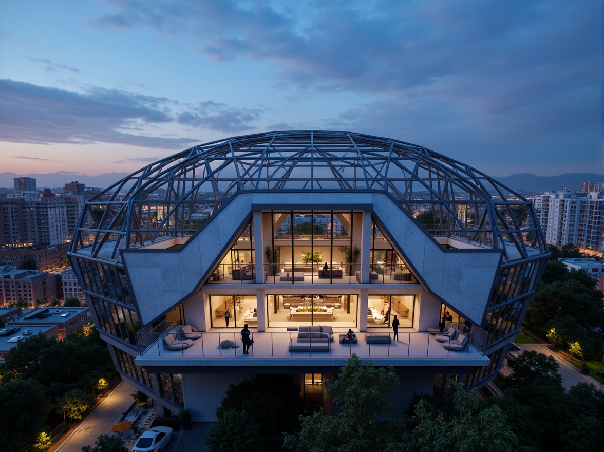 Prompt: Twilight-lit observation deck, sleek metallic framework, futuristic dome-shaped roof, panoramic cityscape views, atmospheric misting systems, angular glass railings, minimalist concrete walls, ambient LED lighting, avant-garde architectural lines, sustainable energy-efficient systems, cantilevered overhangs, open-air staircases, urban landscape integration, 3/4 composition, shallow depth of field, realistic reflective surfaces, cinematic dramatic lighting.