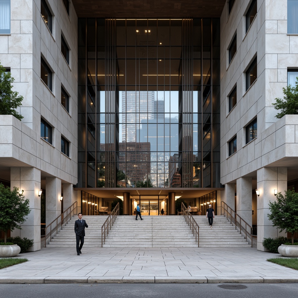 Prompt: Grand courthouse building, international style facade, sleek glass curtain walls, modern minimalist architecture, subtle Art Deco influences, symmetrical composition, imposing stone columns, grand entrance staircase, polished metal handrails, luxurious marble floors, high ceilings, large windows, natural light, urban cityscape, busy streets, professional atmosphere, neutral color palette, elegant typography, sophisticated lighting design, shallow depth of field, 1/1 composition, realistic textures, ambient occlusion.