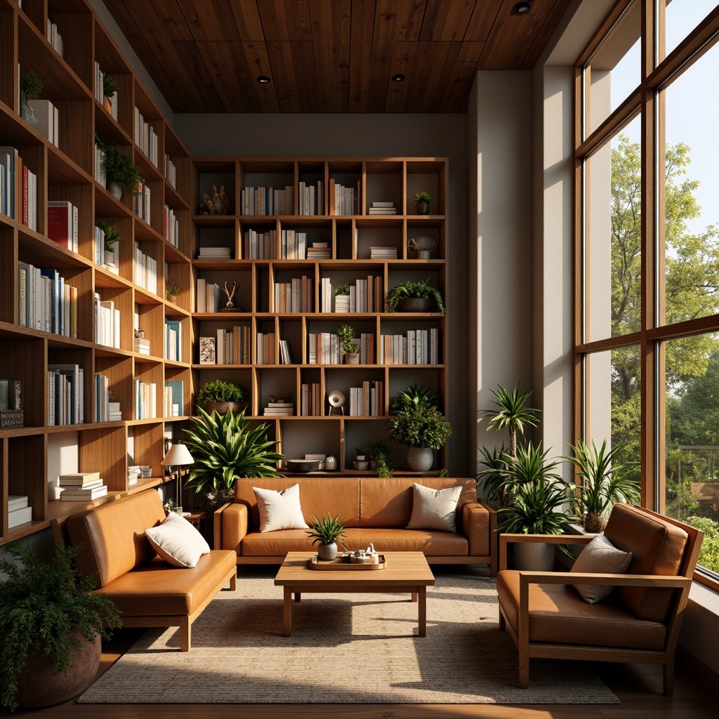 Prompt: Cozy reading nook, warm wood tones, soft natural light, floor-to-ceiling windows, minimalist shelves, leather-bound books, comfortable seating areas, green plants, calming atmosphere, afternoon sunbeams, gentle shadows, subtle textures, realistic reflections, 1/2 composition, symmetrical framing, warm color palette, inviting ambiance.