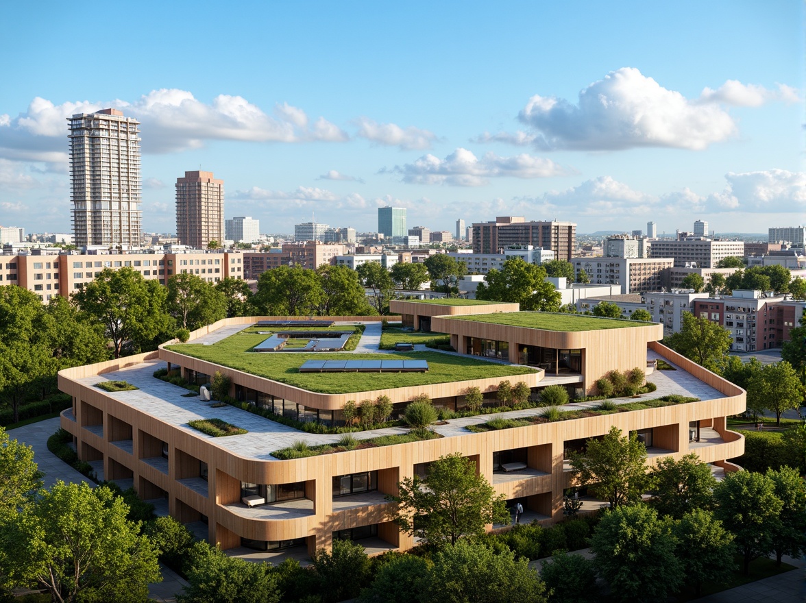 Prompt: Eco-friendly building, green roof, solar panels, wind turbines, rainwater harvesting system, natural ventilation, large windows, minimal carbon footprint, sustainable materials, recycled wood accents, living walls, vertical gardens, urban agriculture, cityscape view, blue sky, fluffy white clouds, warm natural light, soft shadows, 3/4 composition, panoramic view, realistic textures, ambient occlusion.