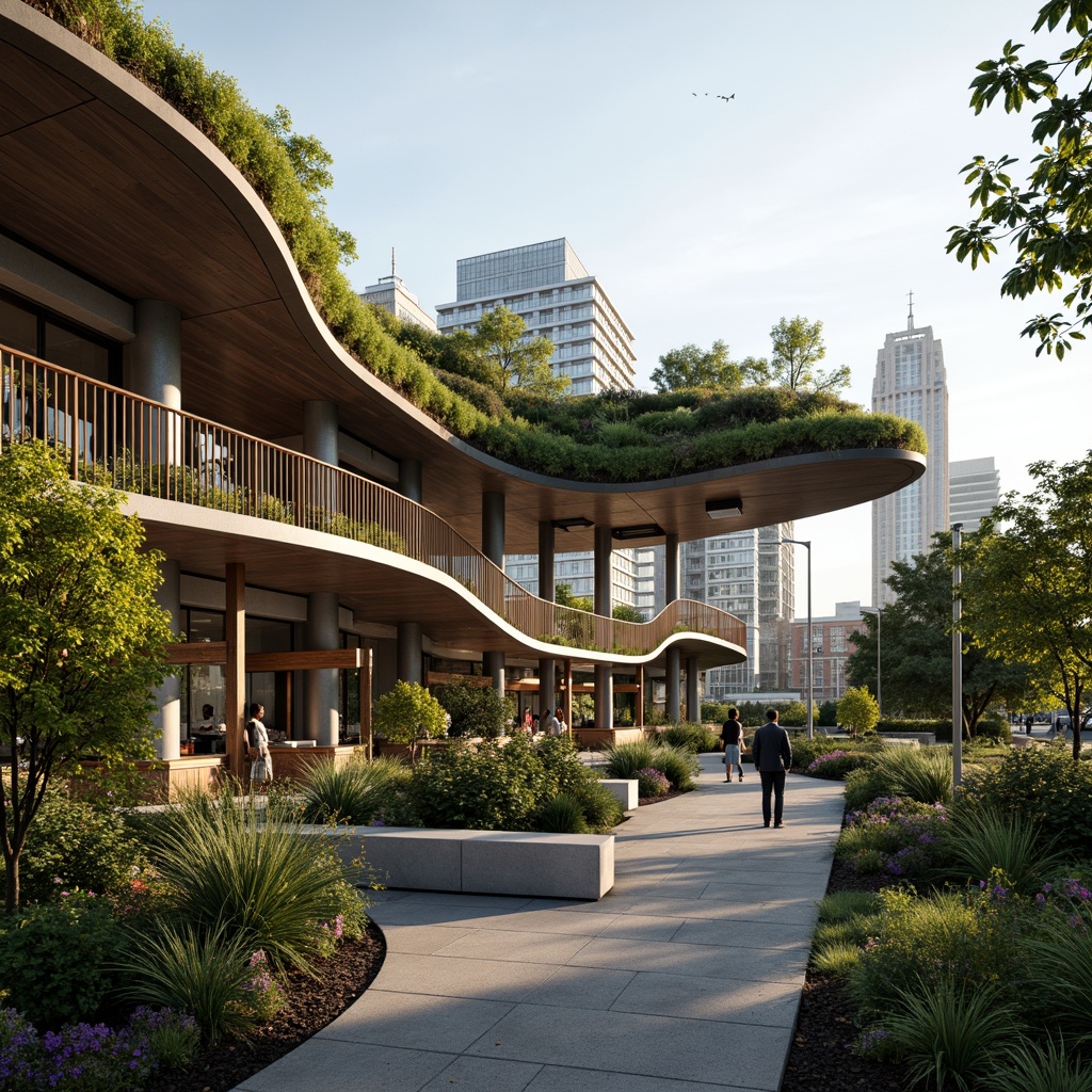 Prompt: Curved tram station, organic blob-like structures, natural stone walls, wooden accents, green roofs, living walls, vibrant plant life, soft warm lighting, shallow depth of field, 3/4 composition, panoramic view, realistic textures, ambient occlusion, futuristic architecture design, sleek metal frames, glass canopies, curved lines, flowing shapes, sustainable energy solutions, solar panels, wind turbines, water conservation systems, eco-friendly materials, innovative cooling technologies, shaded outdoor spaces, misting systems, modern urban landscape, cityscape views.