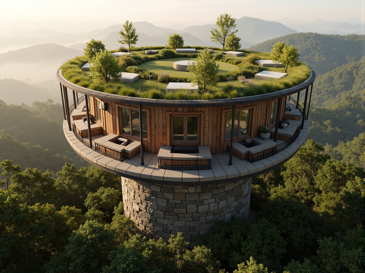 Prompt: Panoramic viewing tower, harmonious landscape integration, lush green roofs, native flora, weathered wood accents, natural stone foundations, winding staircases, 360-degree observatory decks, cantilevered lookout points, rustic metal railings, earthy color palette, serene forest surroundings, misty morning atmosphere, warm golden lighting, shallow depth of field, 1/2 composition, realistic textures, ambient occlusion.