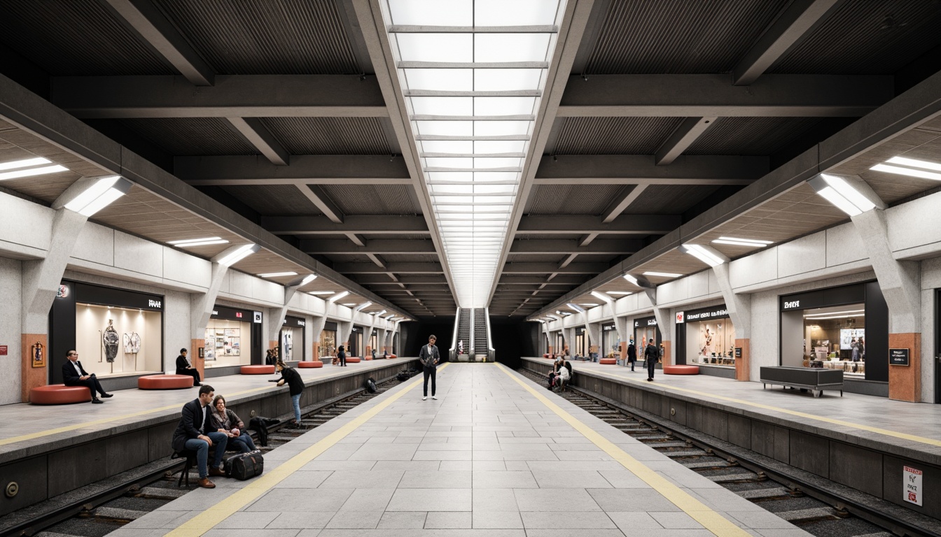 Prompt: Modern metro station interior, sleek minimalist design, curved lines, stainless steel accents, LED lighting systems, spacious platforms, efficient passenger flow, clear signage, comfortable seating areas, amenities like convenience stores, coffee shops, information desks, escalators, elevators, wide corridors, high ceilings, natural stone flooring, acoustic panels, subtle color schemes, functional textures, 3/4 composition, symmetrical framing, softbox lighting, realistic reflections.