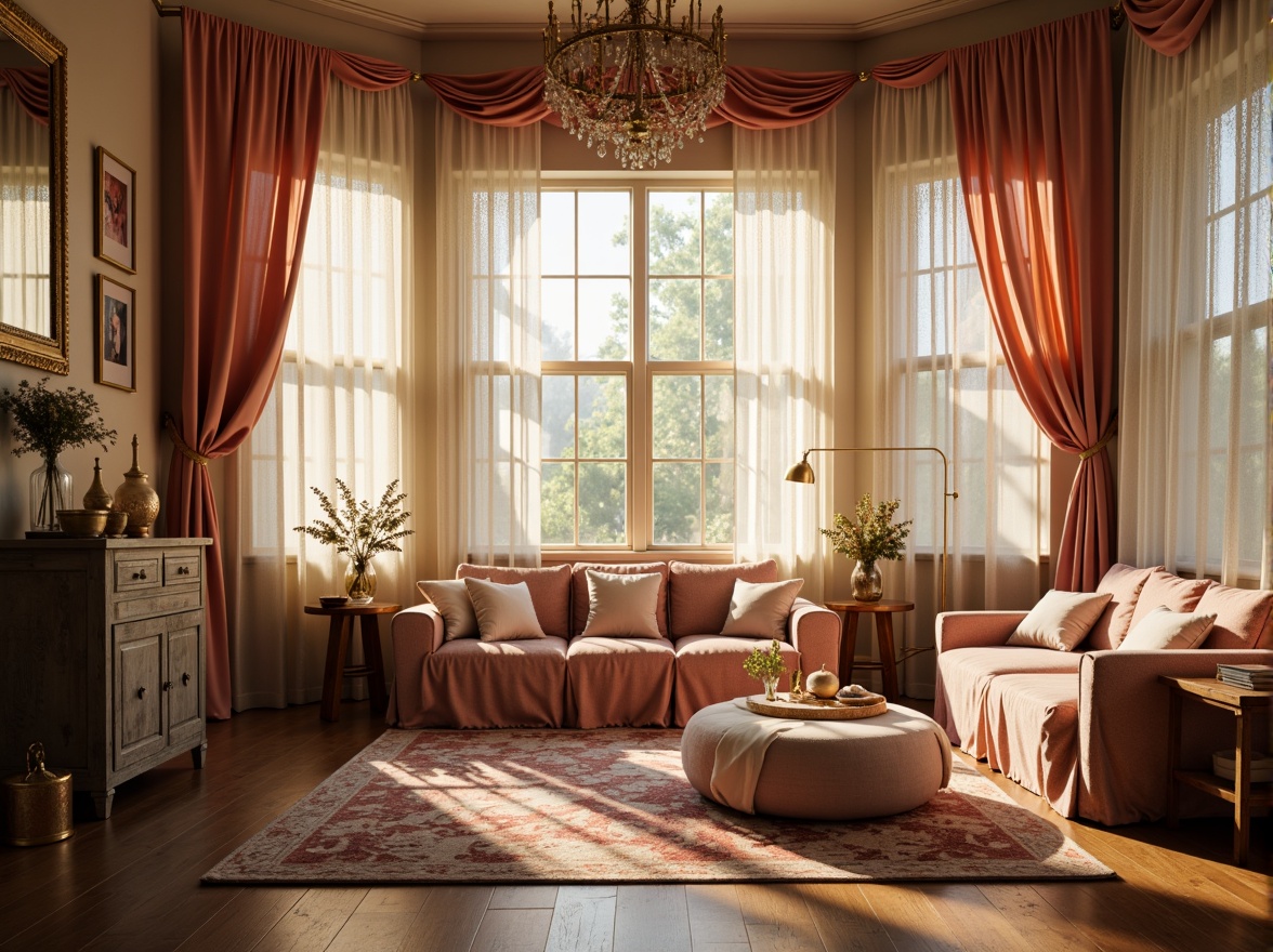 Prompt: Whimsical boudoir, soft candlelight, flowing silk drapes, delicate lace curtains, romantic flower patterns, pastel color palette, ornate metalwork, distressed wood accents, velvet upholstery, intimate seating areas, floor-to-ceiling windows, sheer fabrics, billowy folds, natural light filtering, warm golden lighting, 1/1 composition, shallow depth of field, realistic textures.