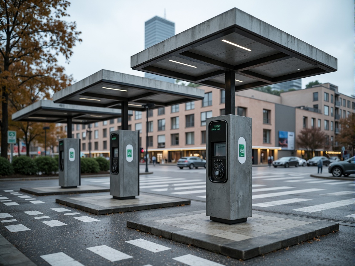 Prompt: Weathered steel charging stations, industrial concrete foundations, durable polycarbonate canopies, rust-resistant metal frames, high-strength glass panels, textured rubber flooring, weather-resistant electrical outlets, modern LED lighting, urban cityscape background, busy street traffic, cloudy overcast day, soft diffused lighting, shallow depth of field, 1/2 composition, realistic metallic textures, ambient occlusion.