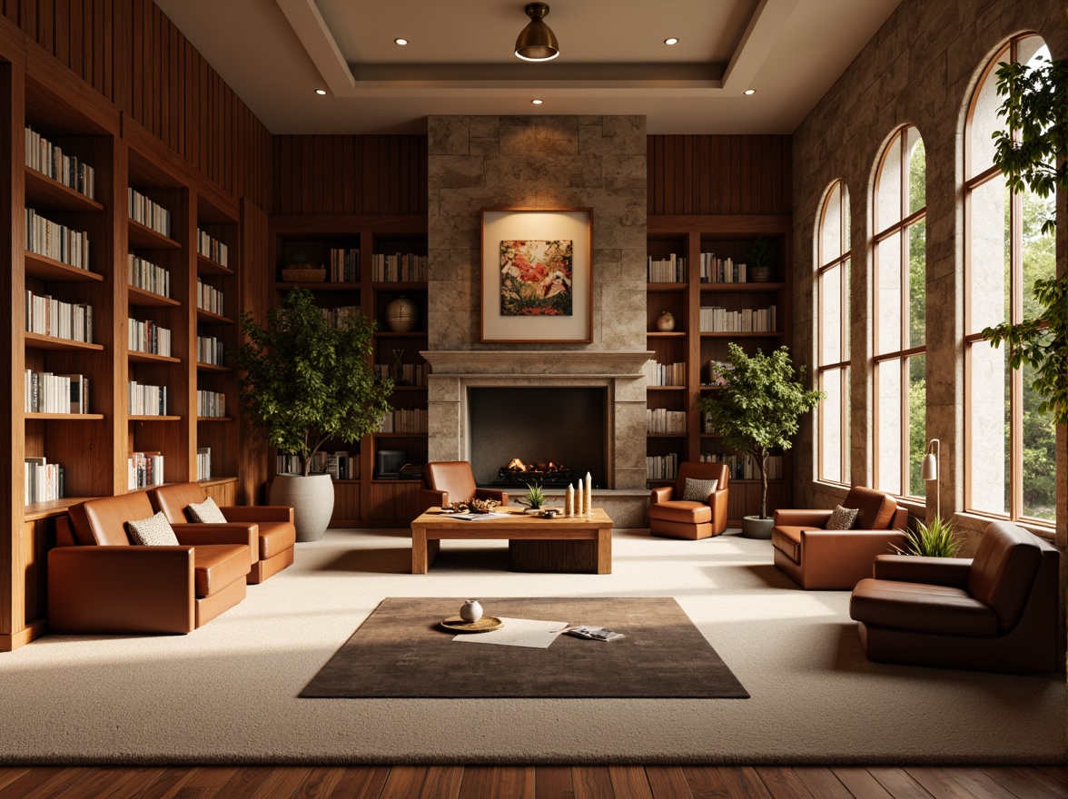 Prompt: Cozy library interior, warm wood textures, rich leather furniture, soft carpet flooring, natural stone walls, elegant wooden shelves, classic book collections, comfortable reading nooks, modern minimalist lighting, warm beige color scheme, soft diffused light, shallow depth of field, 1/2 composition, realistic renderings, ambient occlusion.