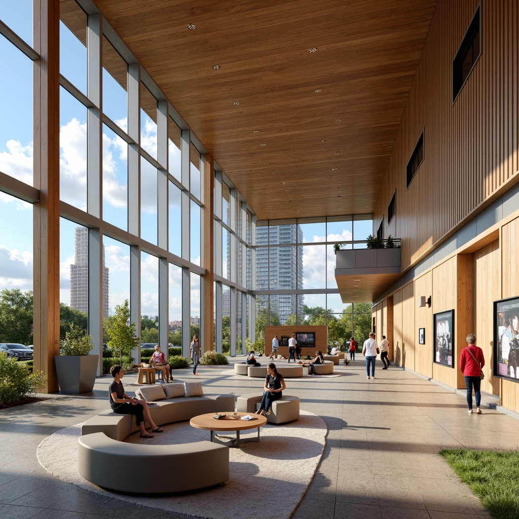 Prompt: Visitor center interior, open floor plan, natural stone flooring, wooden accents, minimalist decor, interactive exhibits, multimedia displays, panoramic windows, abundant natural light, comfortable seating areas, informative signage, wayfinding graphics, wheelchair accessibility, sustainable materials, modern architecture, sleek lines, neutral color palette, soft warm lighting, shallow depth of field, 3/4 composition, realistic textures, ambient occlusion.