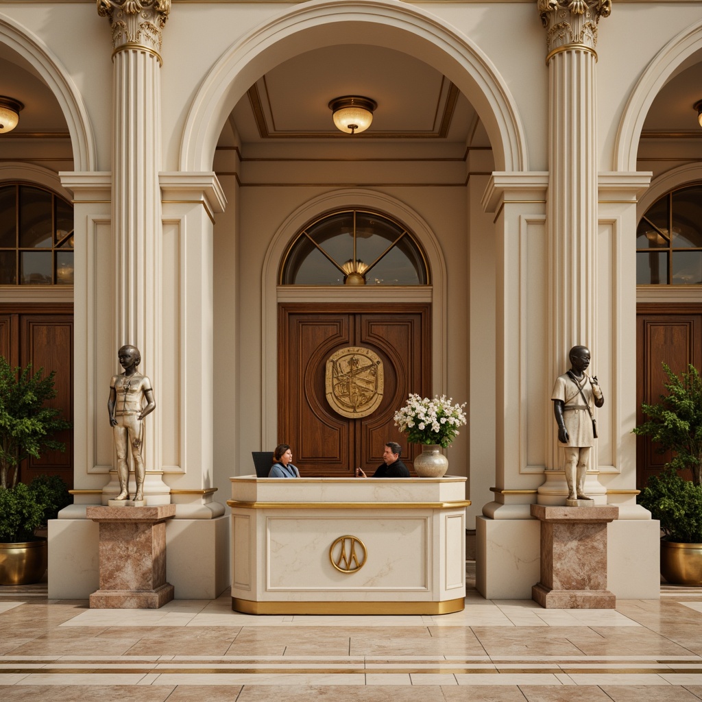 Prompt: Neoclassical charging station, grandiose columns, ornate details, soft cream walls, rich wood accents, elegant marble floors, subtle gold trim, vintage-inspired lighting fixtures, majestic archways, symmetrical compositions, warm beige tones, sophisticated bronze hardware, refined black fonts, luxurious velvet textures, stately stone statues, ambient warm glow, 1/1 composition, realistic reflections, high-contrast lighting.