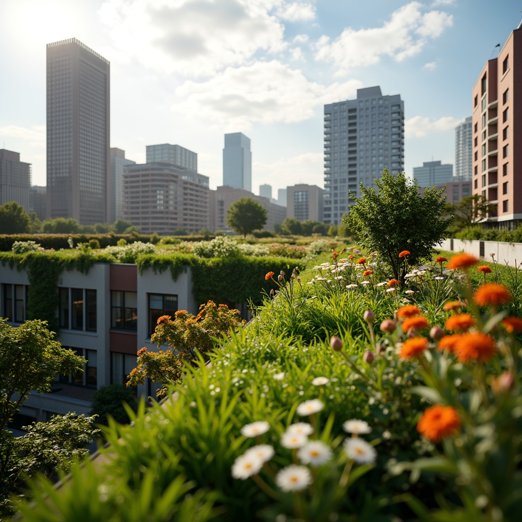 Prompt: Urban green roofs, lush vegetation, blooming flowers, tranquil atmosphere, eco-friendly design, sustainable architecture, energy-efficient buildings, reduced carbon footprint, improved air quality, increased biodiversity, habitat creation, noise reduction, stormwater management, urban heat island mitigation, thermal insulation, modern cityscape, vibrant green walls, living walls, rooftop gardens, scenic views, natural ambiance, soft warm lighting, shallow depth of field, 3/4 composition.