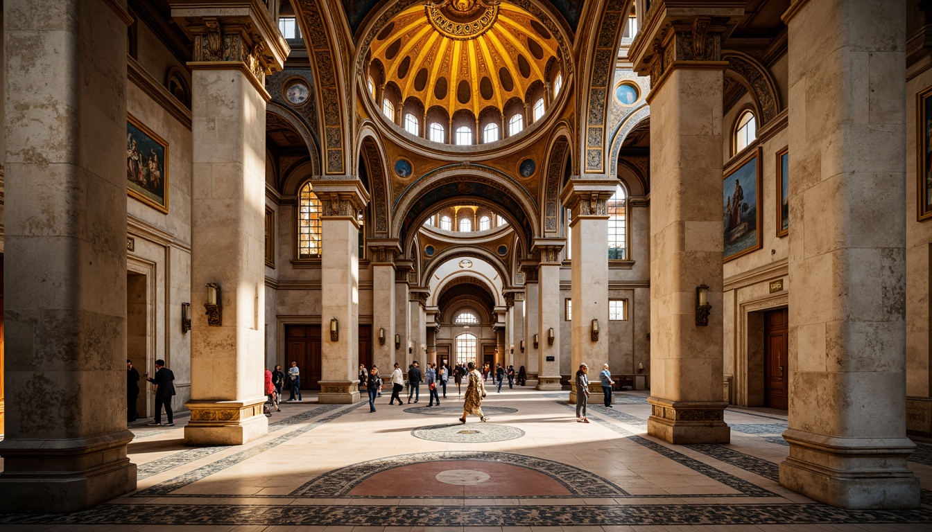 Prompt: Ornate Byzantine church, golden domes, marble columns, intricate stone carvings, vibrant mosaics, ornamental arches, richly patterned textiles, warm ambient lighting, soft shadows, shallow depth of field, 3/4 composition, panoramic view, realistic textures, ambient occlusion, polished bronze door handles, rustic wooden accents, cream-colored limestone walls, terracotta roof tiles, ornate frescoes, grandiose interior spaces.