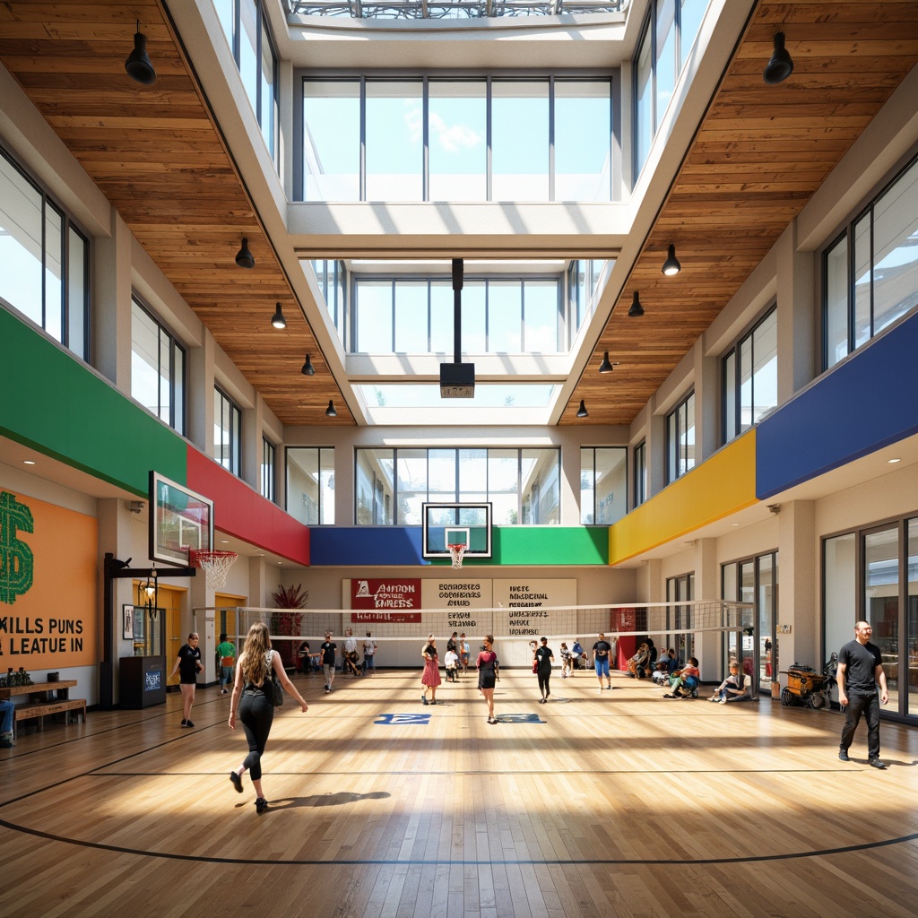 Prompt: Vibrant gymnasium interior, natural light pouring in, large windows, clerestory windows, skylights, bright colors, wooden flooring, athletic equipment, basketball hoops, volleyball nets, exercise machines, mirrored walls, motivational quotes, modern architecture, open spaces, minimal obstructions, high ceilings, diffused soft lighting, 1/2 composition, realistic textures, ambient occlusion.