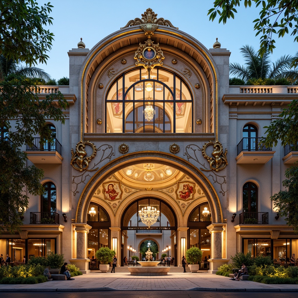 Prompt: Ornate commercial building, grandiose facade, intricate carvings, gold leaf accents, dramatic arches, sweeping curves, ornamental columns, lavish decorations, rich marble textures, vibrant fresco paintings, imposing entrance gates, elegant fountains, lush greenery, soft warm lighting, shallow depth of field, 1/2 composition, detailed ornaments, realistic reflections, ambient occlusion.