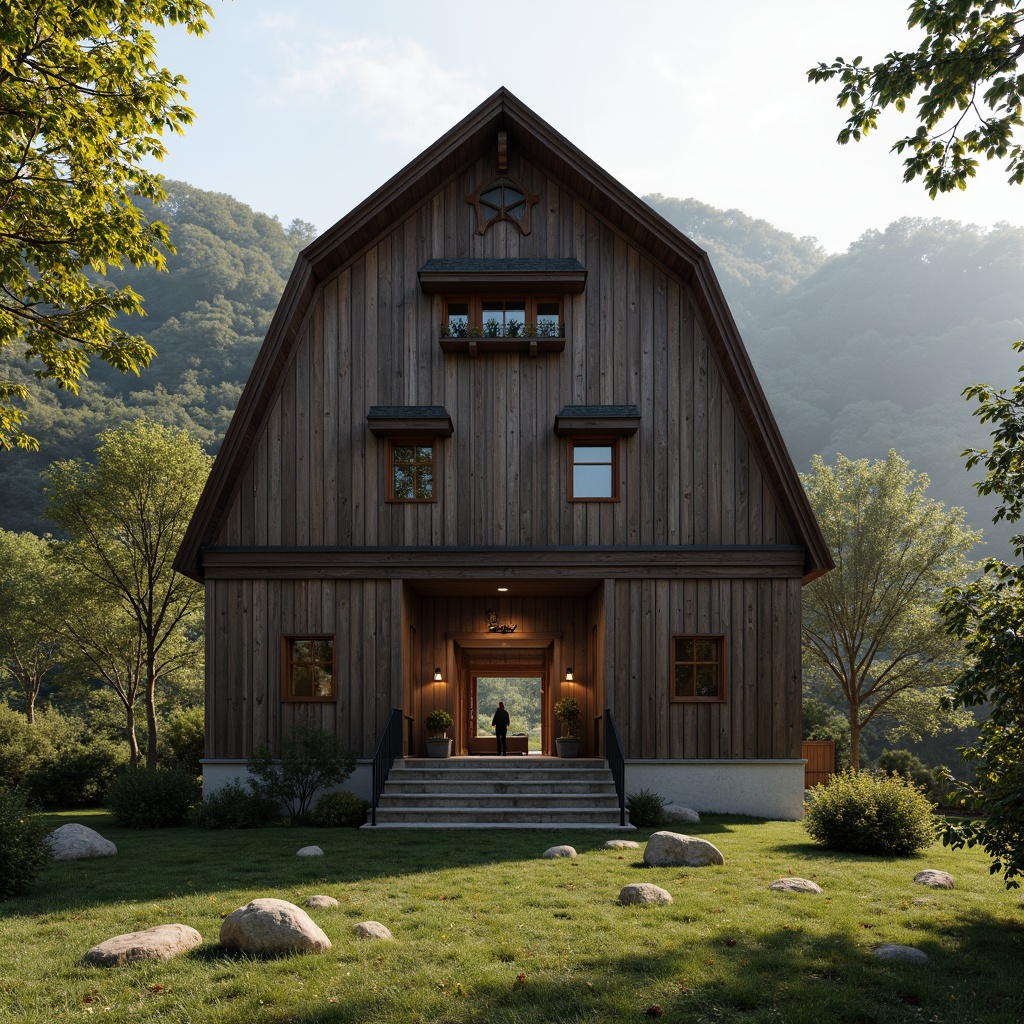 Prompt: Rustic barn, neoclassical facade, symmetrical composition, grand entrance, ornate details, weathered wooden textures, natural stone foundations, lush greenery, rolling hills, serene countryside, misty morning, warm sunlight, soft focus, shallow depth of field, 1/2 composition, atmospheric perspective, realistic foliage, ambient occlusion.