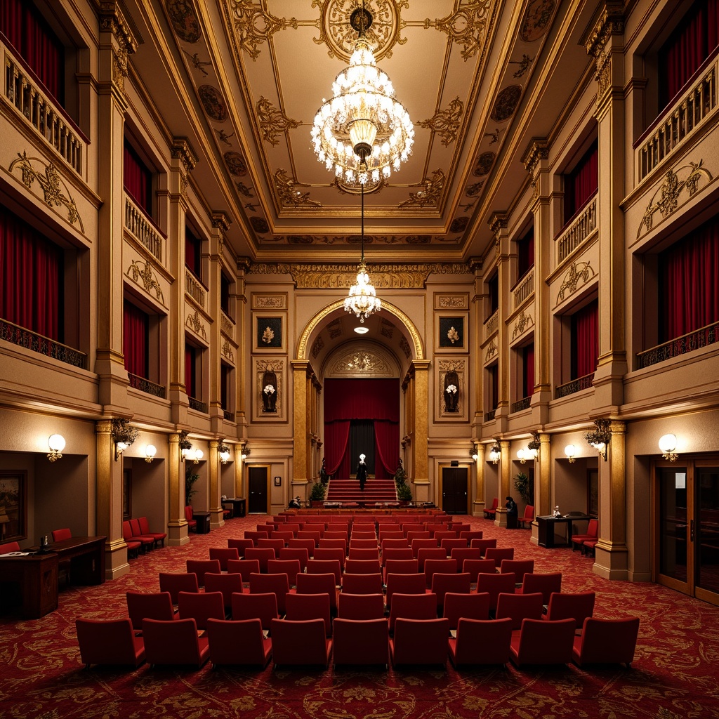 Prompt: Renaissance-style auditorium, ornate gold accents, rich velvet curtains, luxurious carpeting, intricate wooden paneling, decorative plaster ceilings, grand chandeliers, opulent furnishings, regal red upholstery, sophisticated sound systems, warm ambient lighting, shallow depth of field, 2/3 composition, soft focus, realistic textures, subtle reflections.