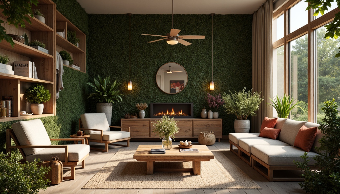 Prompt: Earthy tones, natural materials, botanical elements, organic shapes, reclaimed wood accents, living walls, lush greenery, blooming flowers, subtle textures, soft diffused lighting, warm color palette, cozy atmosphere, wooden furniture, woven textiles, natural fibers, earthy scents, serene ambiance, peaceful environment, 1/1 composition, shallow depth of field, realistic rendering.