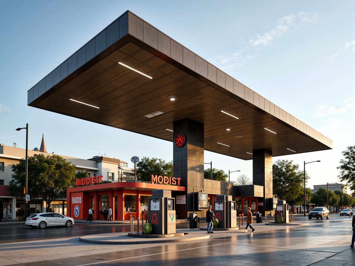 Prompt: Retro-futuristic gas station, sleek steel structures, geometric shapes, bold primary colors, industrial materials, exposed pipes, concrete floors, metal canopies, angular lines, minimalist design, functional aesthetics, durable surfaces, weather-resistant coatings, neon signage, vintage fuel pumps, retro-style lanterns, urban landscape, busy streets, morning sunlight, shallow depth of field, 1/1 composition, high-contrast lighting.