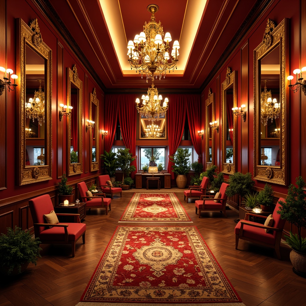 Prompt: Opulent fitness studio, rich wood accents, gilded mirrors, ornate chandeliers, bold red and gold color scheme, luxurious velvet drapes, intricate patterned rugs, grandiose architectural details, dramatic lighting effects, warm golden illumination, soft focus blur, 1/2 composition, elegant typography, realistic textures, ambient occlusion.