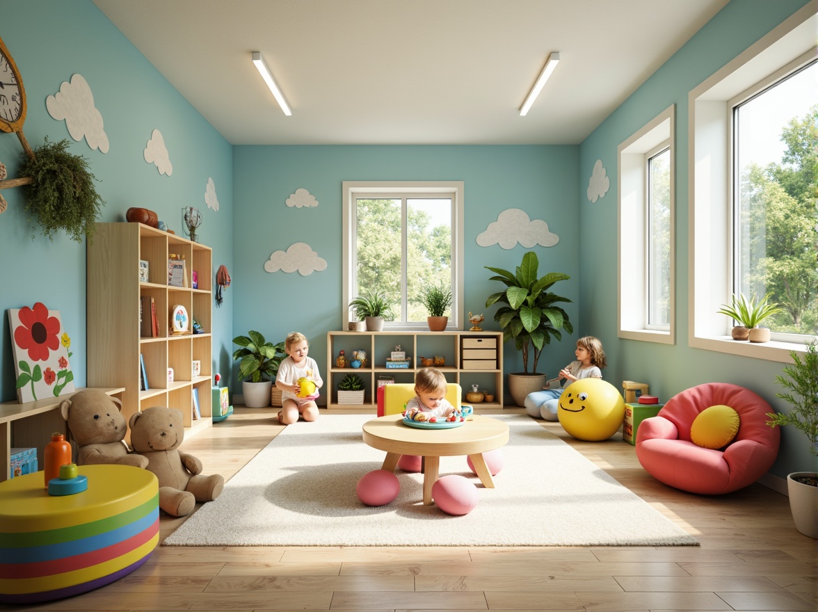 Prompt: Whimsical kindergarten, light blue walls, soft cream accents, playful rounded furniture, colorful educational toys, vibrant flower patterns, natural wood textures, large windows, warm sunny lighting, shallow depth of field, 1/1 composition, gentle focus, creamy bokeh, friendly atmosphere.