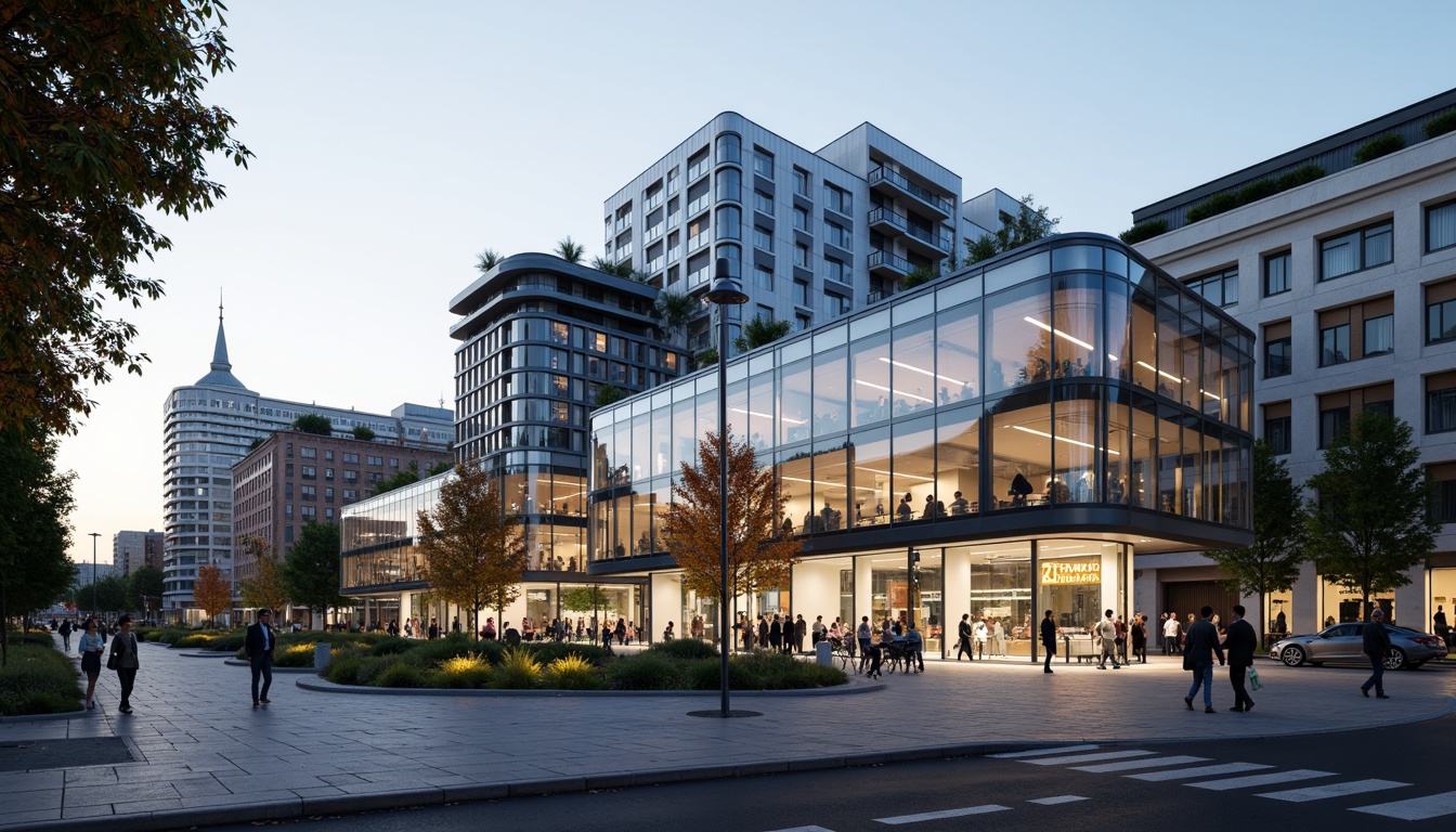 Prompt: Modern tram station, futuristic facade design, dynamic LED lighting, curved glass surfaces, cantilevered roofs, sleek metal frames, minimalist architecture, sustainable energy systems, solar panels, green roofs, urban landscape, cityscape, busy streets, morning commute, soft natural light, shallow depth of field, 1/2 composition, realistic textures, ambient occlusion.